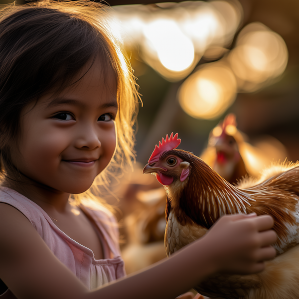 A young child smiling while gently holding a chicken, surrounded by a cozy backyard farm setting, illustrating the joy of teaching kids how to care for chickens.