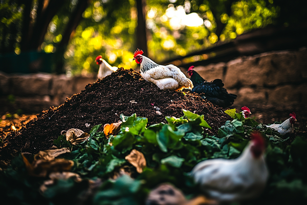 A chicken energetically scratches through a pile of compost, turning over rich soil and bits of plant matter in a natural, sustainable farm setting.