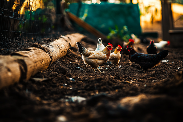 A chicken roaming freely in a fenced run, walking on lush green grass under a clear sky.