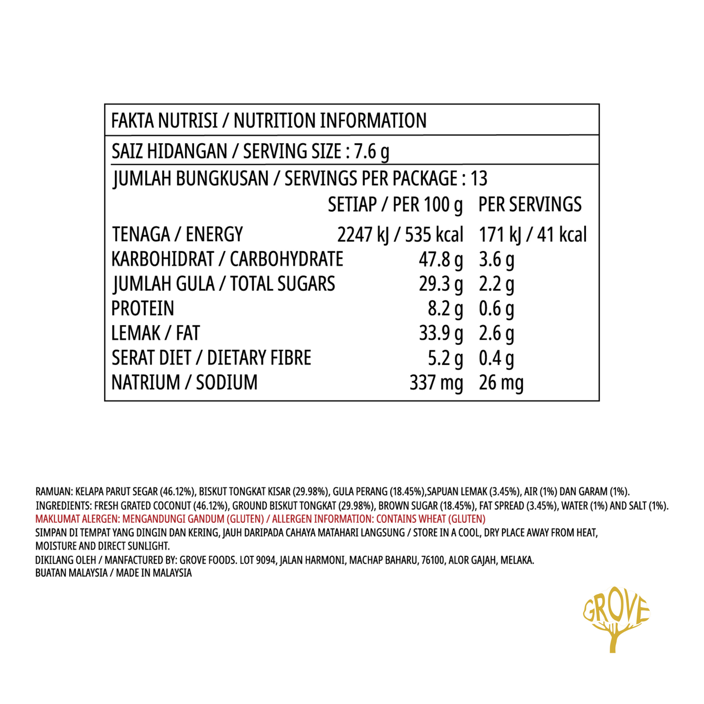 Nutrition facts label in Malay and English for Grove Foods' Camau Marakanda Organic Coconut Spread, showing serving size, calories, sugars, protein, and other nutrients on a white background.
