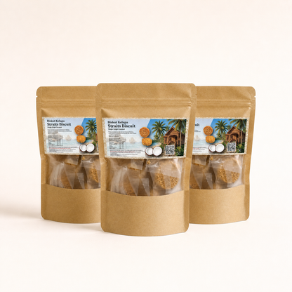 Three stand-up kraft paper pouches of Biskut Kelapa Straits Biscuits arranged in a fan shape on a light beige background.