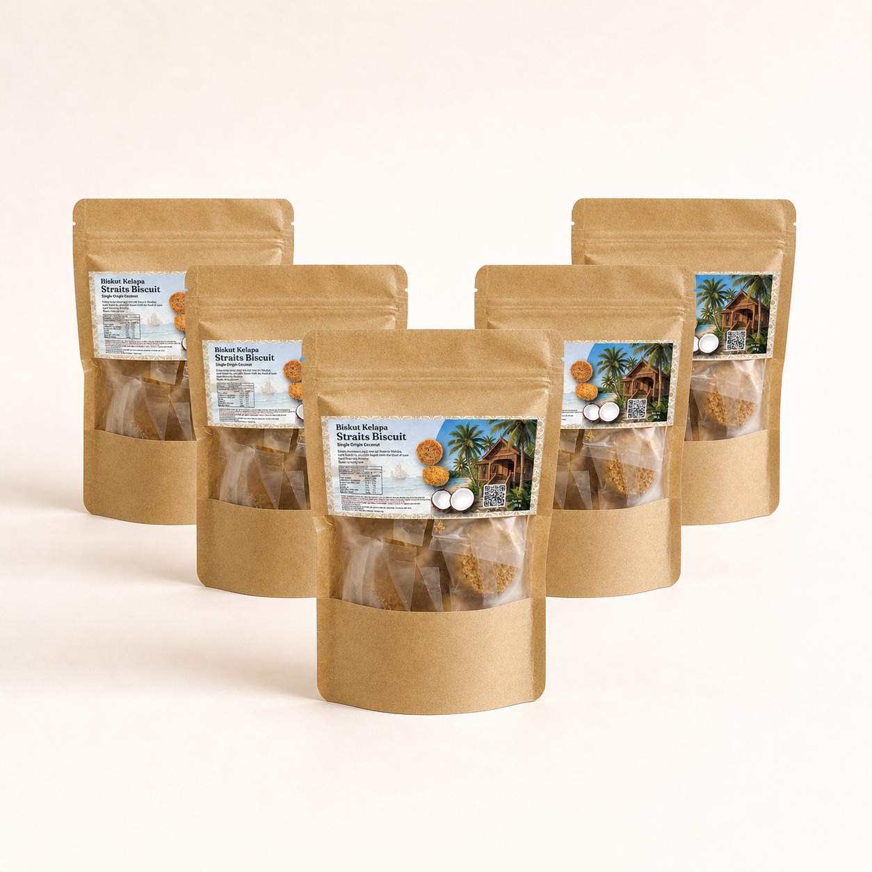 Five stand-up kraft paper pouches of Biskut Kelapa Straits Biscutis arranged in a staggered row on a clean off-white background.
