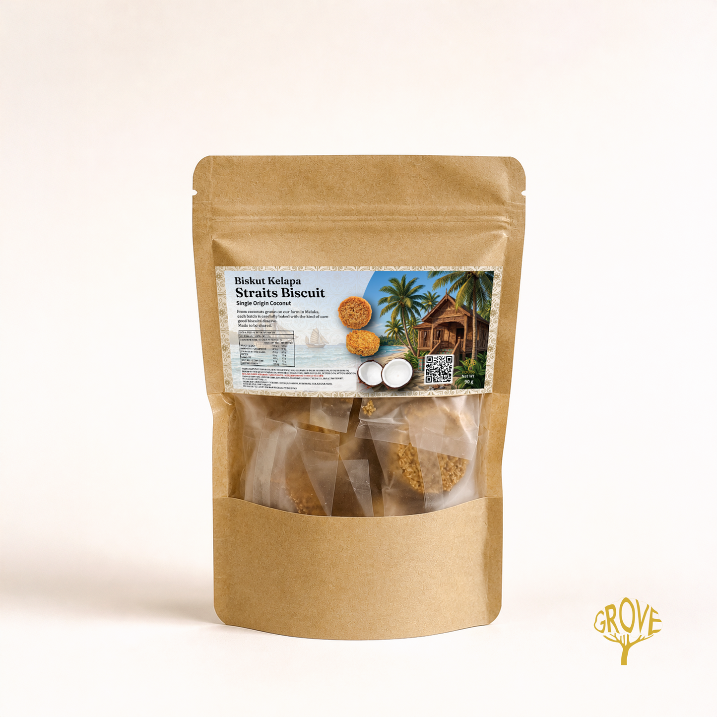 A stand-up kraft paper pouch of Grove Biskuit Belgia Strauwa Biscuit, featuring a clear window showing the biscuit pieces inside and a tropical-themed label on the front.