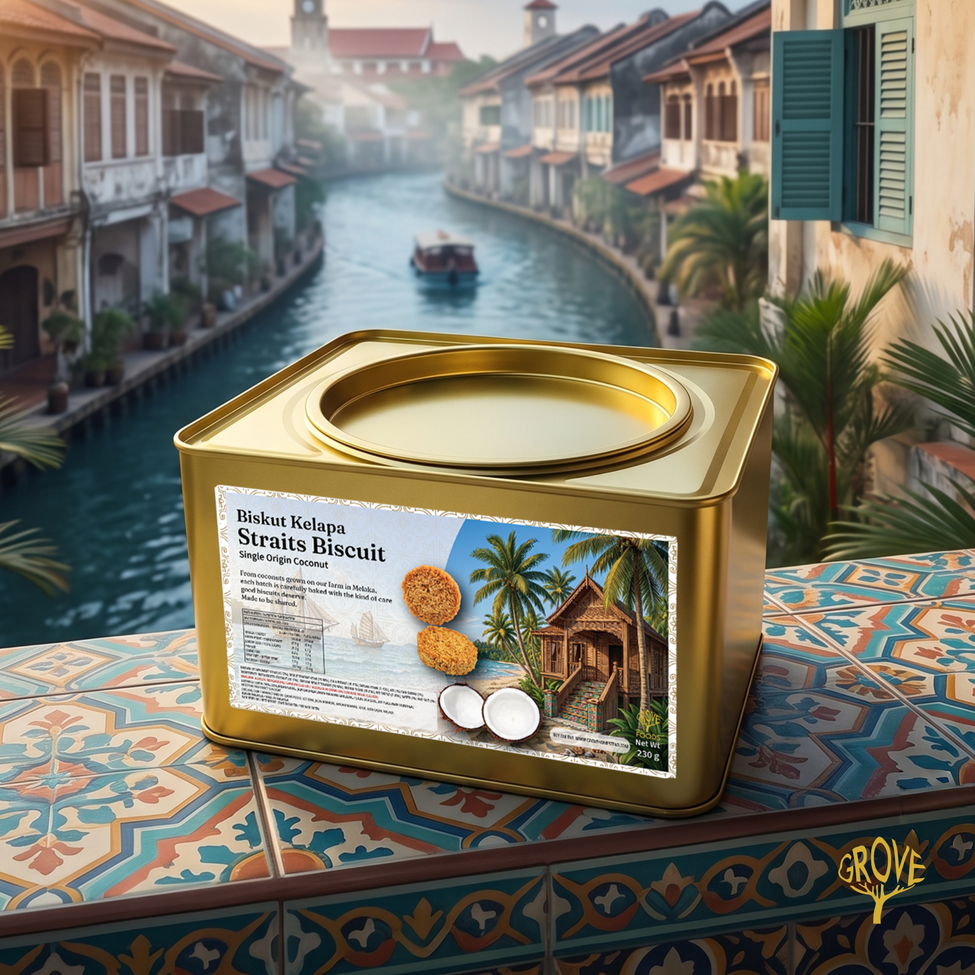 A gold metal tin of Biskuit Kelabu Straits Biscuit (coconut-flavored biscuits) sits on a tiled balcony overlooking a scenic canal in a tropical coastal town. The label on the tin features a tropical beach illustration with palm trees and a coconut.