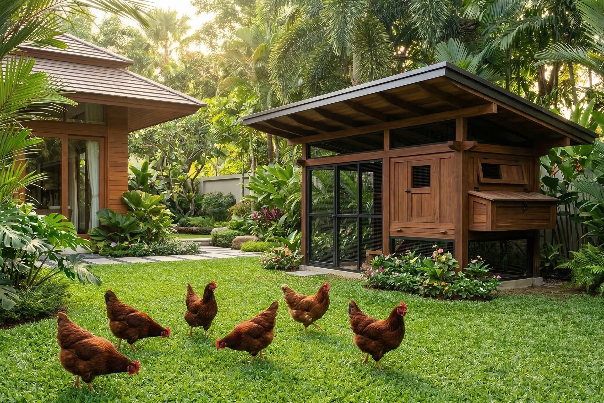 Wooden cabin in a lush green garden with chickens on the grass