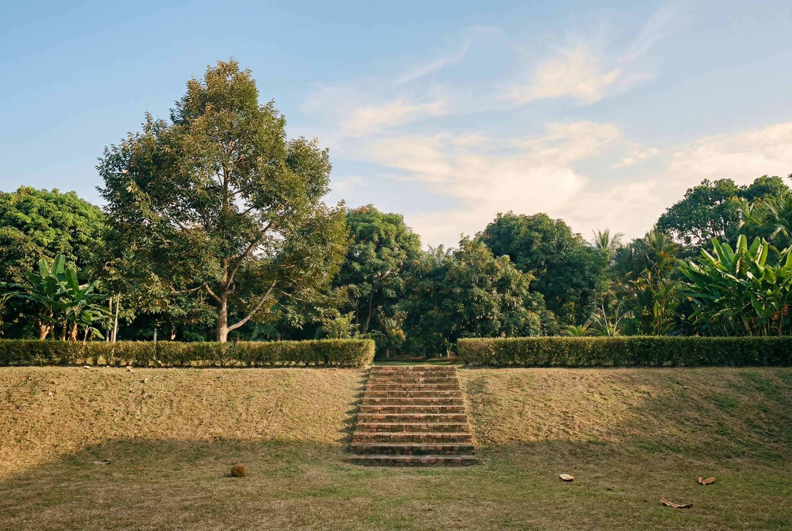 Staircase leading up a grassy hill with trees and clear sky in the background
