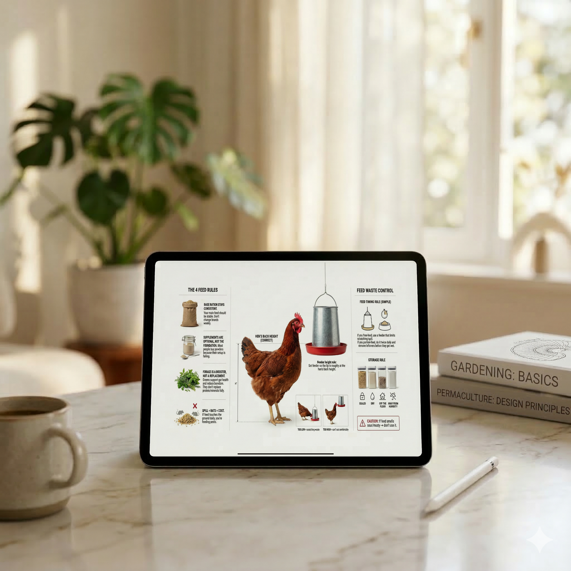Tablet displaying a poultry farming guide on a marble surface with a cup and books in the background.