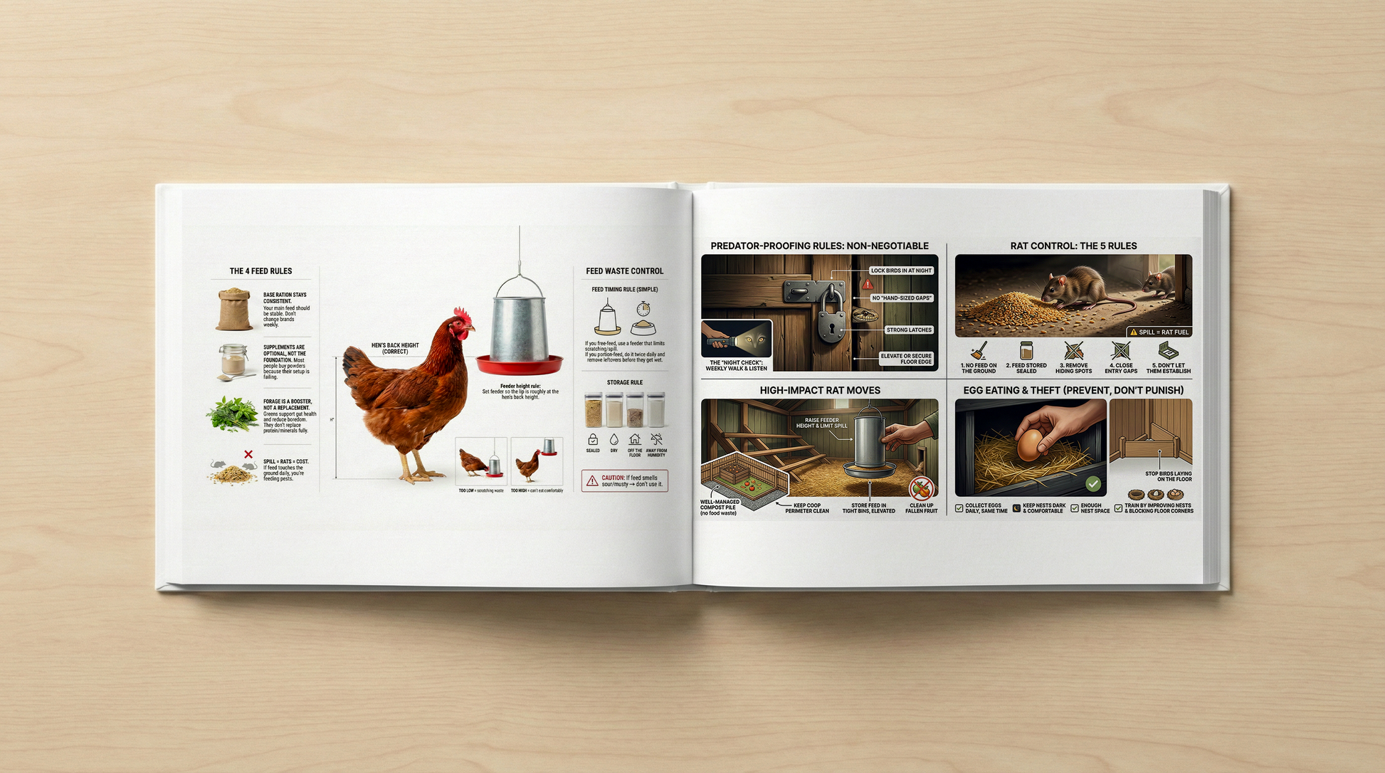 Open book on a wooden surface with illustrations and text about poultry farming equipment.