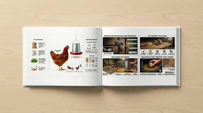 Open book on a wooden surface with illustrations and text about poultry farming equipment.