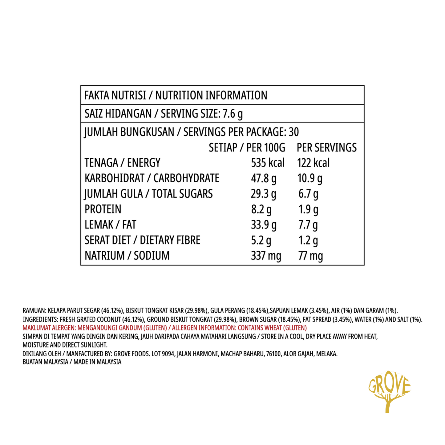 Nutrition information label in Malay and English for Grove brand, showing serving size 7.6 g, energy 535 kcal, and various nutrients per 100g and per servings on a white background.
