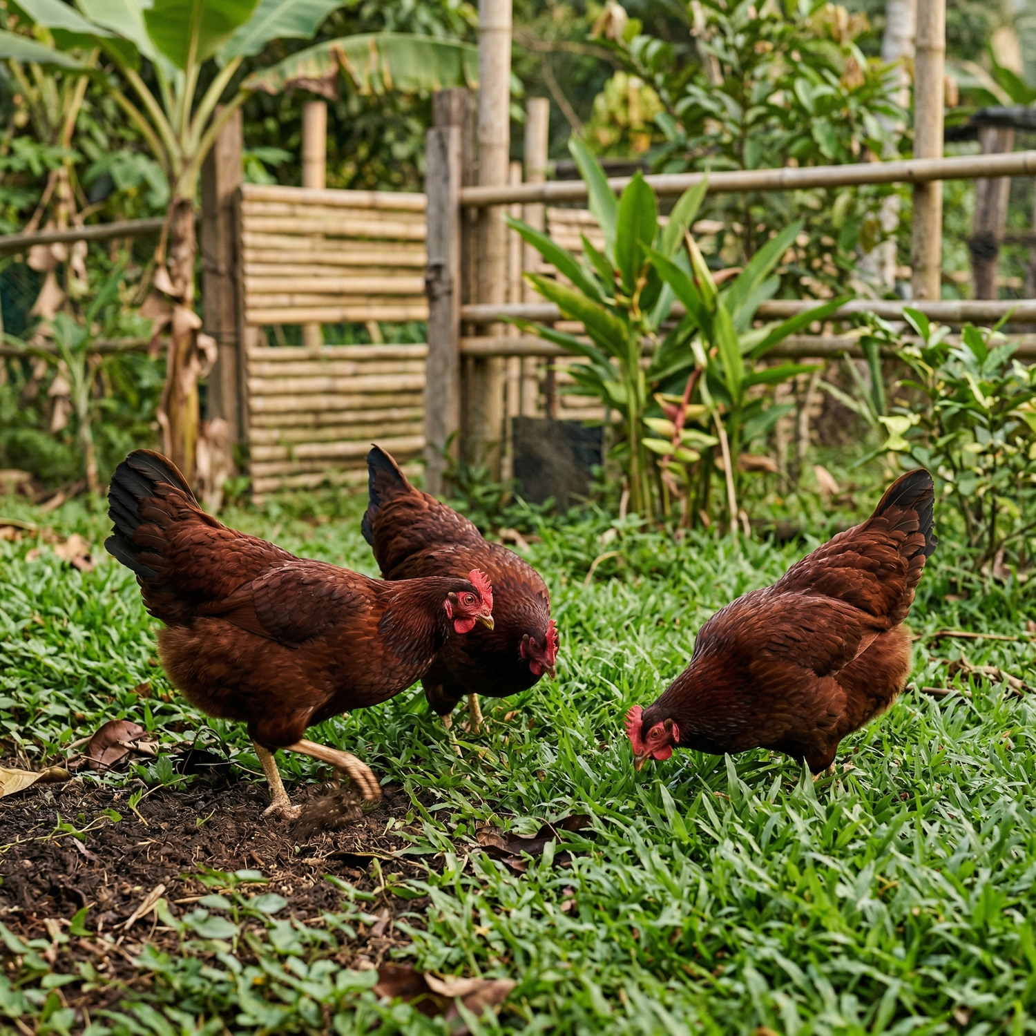 Three brown chickens foraging on green grass with a rustic wooden fence and plants in the background.
