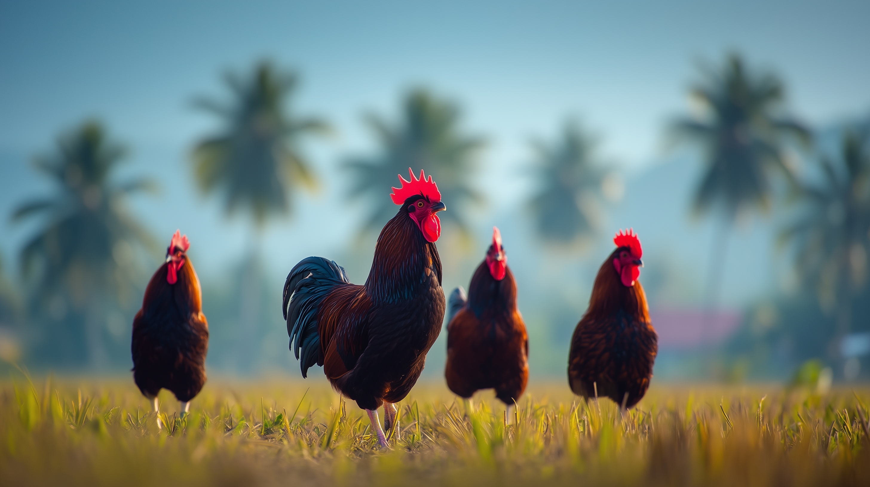 Rhode Island Red Chicken in an open field.