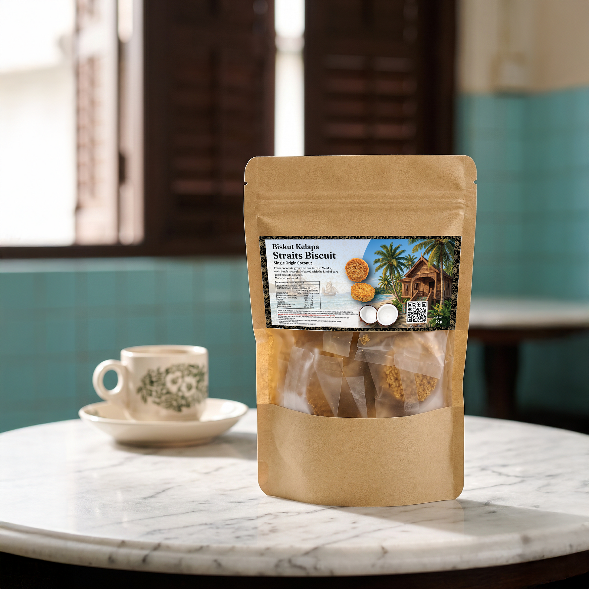 A kraft pack of coconut biscuits on a marble table in a nyonya style coffee shop