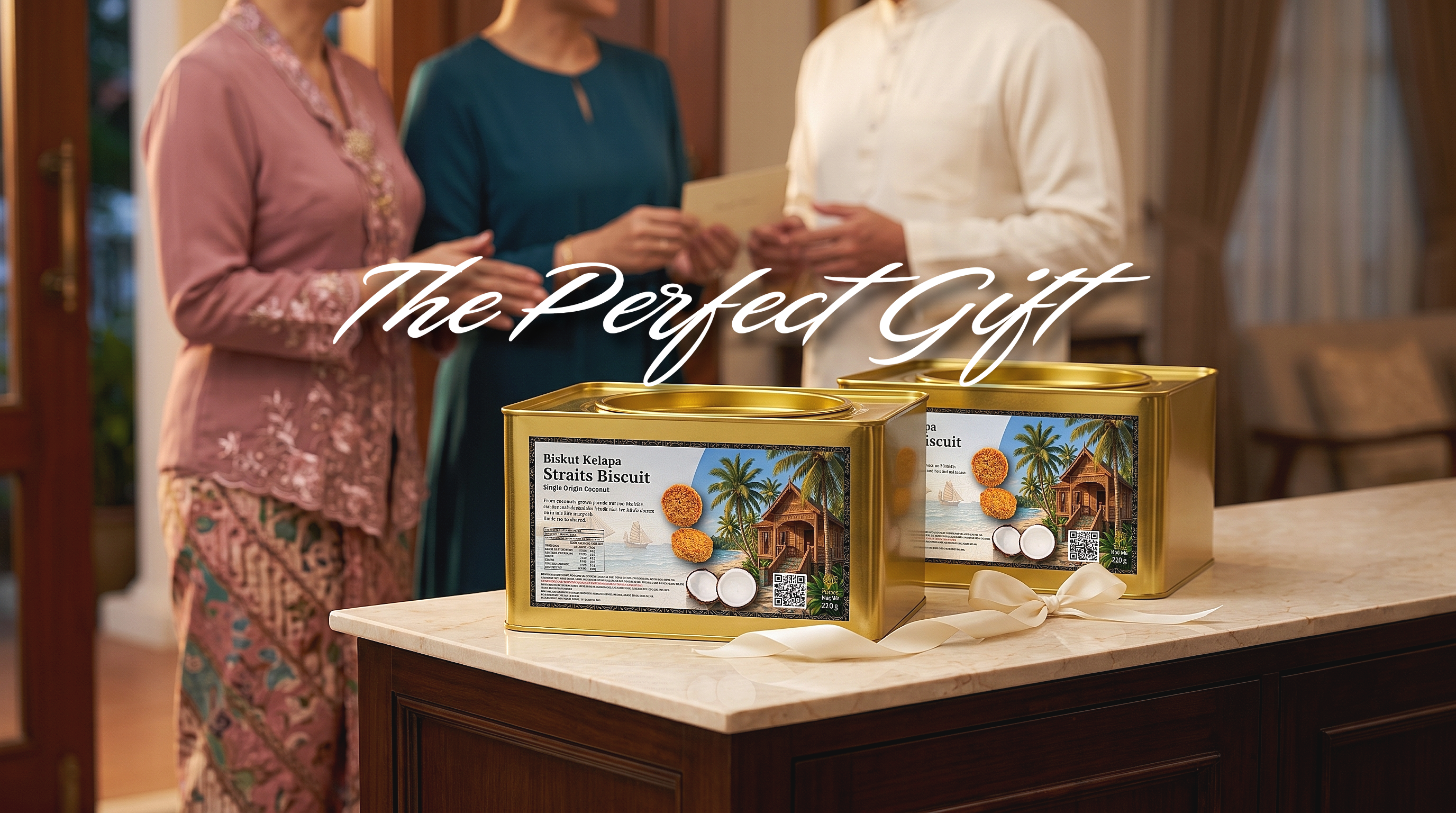 Two gold metal tins of Sailor's Royal Strata Biscuit cookies on a marble countertop, with people standing in the background and the text 'The Perfect Gift' overlaid across the scene.