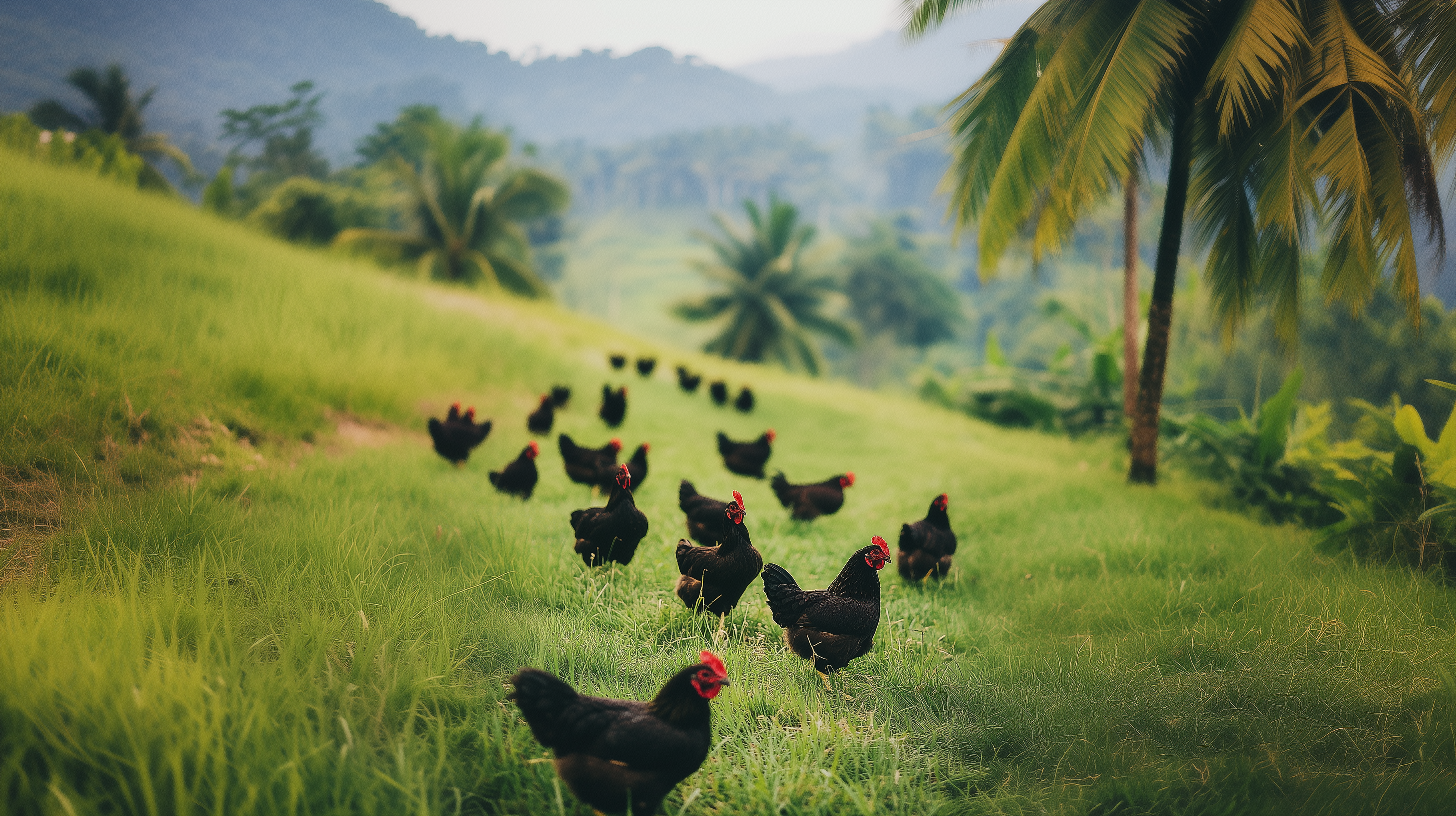 A healthy Rhode Island Red chicken roaming in a lush green field, ideal for backyard farming, sustainable egg production, and homestead living in Malaysia