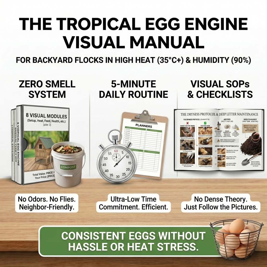 Tropical Egg Engine Visual Manual for backyard flocks with visual modules, a timer, and printed checklists on a wooden surface.