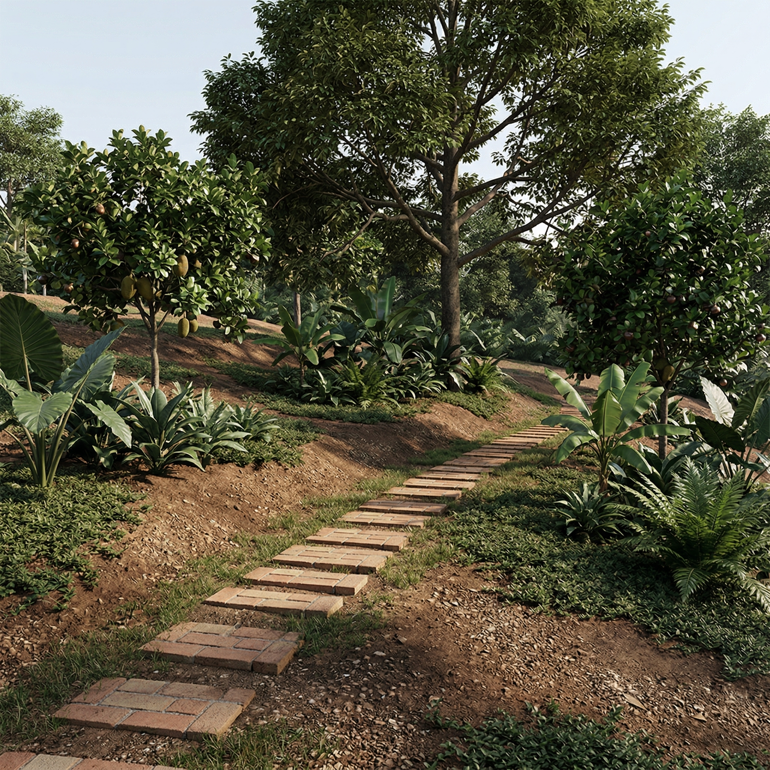 Pathway through a lush garden with trees and plants