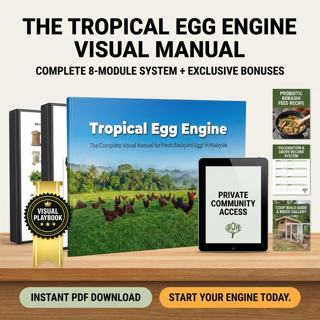 Promotional image of 'The Tropical Egg Engine Visual Manual' with a tablet and books on a wooden surface.